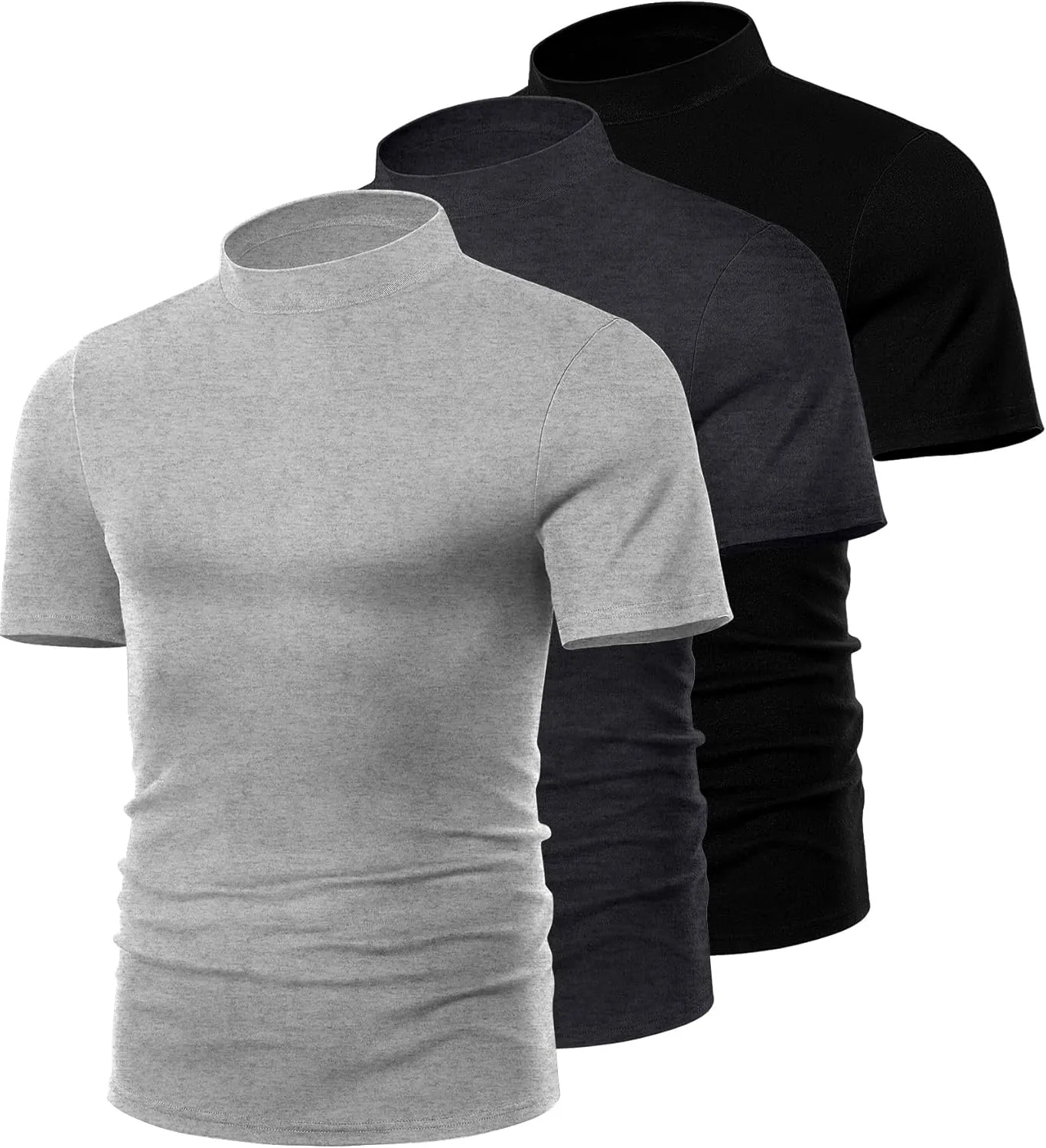 Ficerd 3 Pack Men's Mock Neck T Shirts, Cotton Short Sleeve Turtleneck Tee Shirts Slim Fit Basic Casual Solid Undershirt Tops