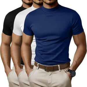Ficerd 3 Pack Men's Mock Neck T Shirts, Cotton Short Sleeve Turtleneck Tee Shirts Slim Fit Basic Casual Solid Undershirt Tops
