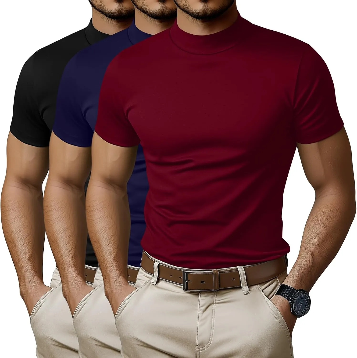 Ficerd 3 Pack Men's Mock Neck T Shirts, Cotton Short Sleeve Turtleneck Tee Shirts Slim Fit Basic Casual Solid Undershirt Tops