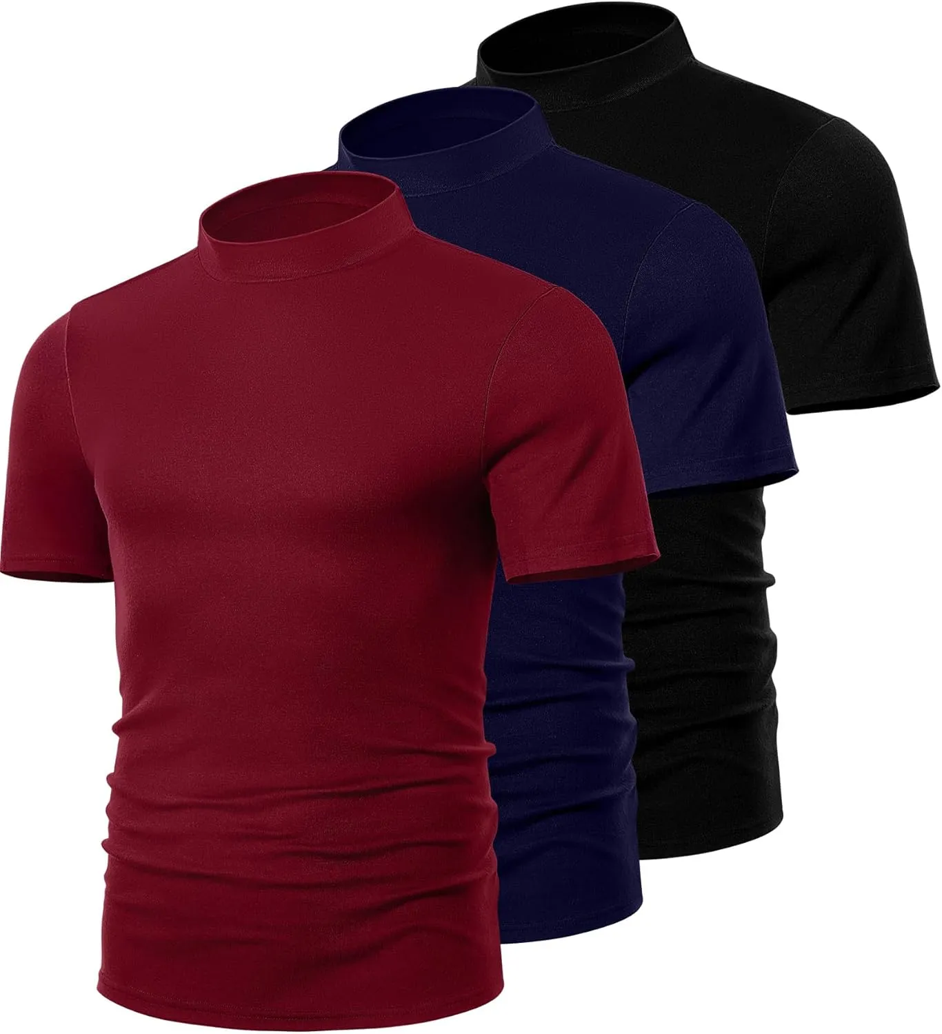 Ficerd 3 Pack Men's Mock Neck T Shirts, Cotton Short Sleeve Turtleneck Tee Shirts Slim Fit Basic Casual Solid Undershirt Tops