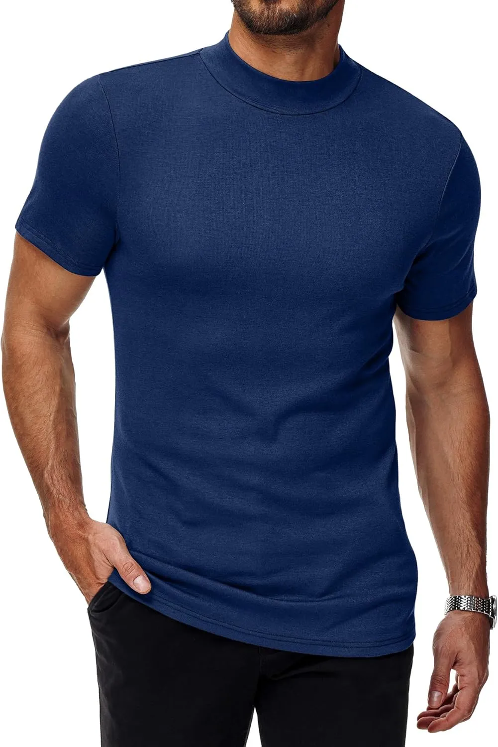 Ficerd 3 Pack Men's Mock Neck T Shirts, Cotton Short Sleeve Turtleneck Tee Shirts Slim Fit Basic Casual Solid Undershirt Tops