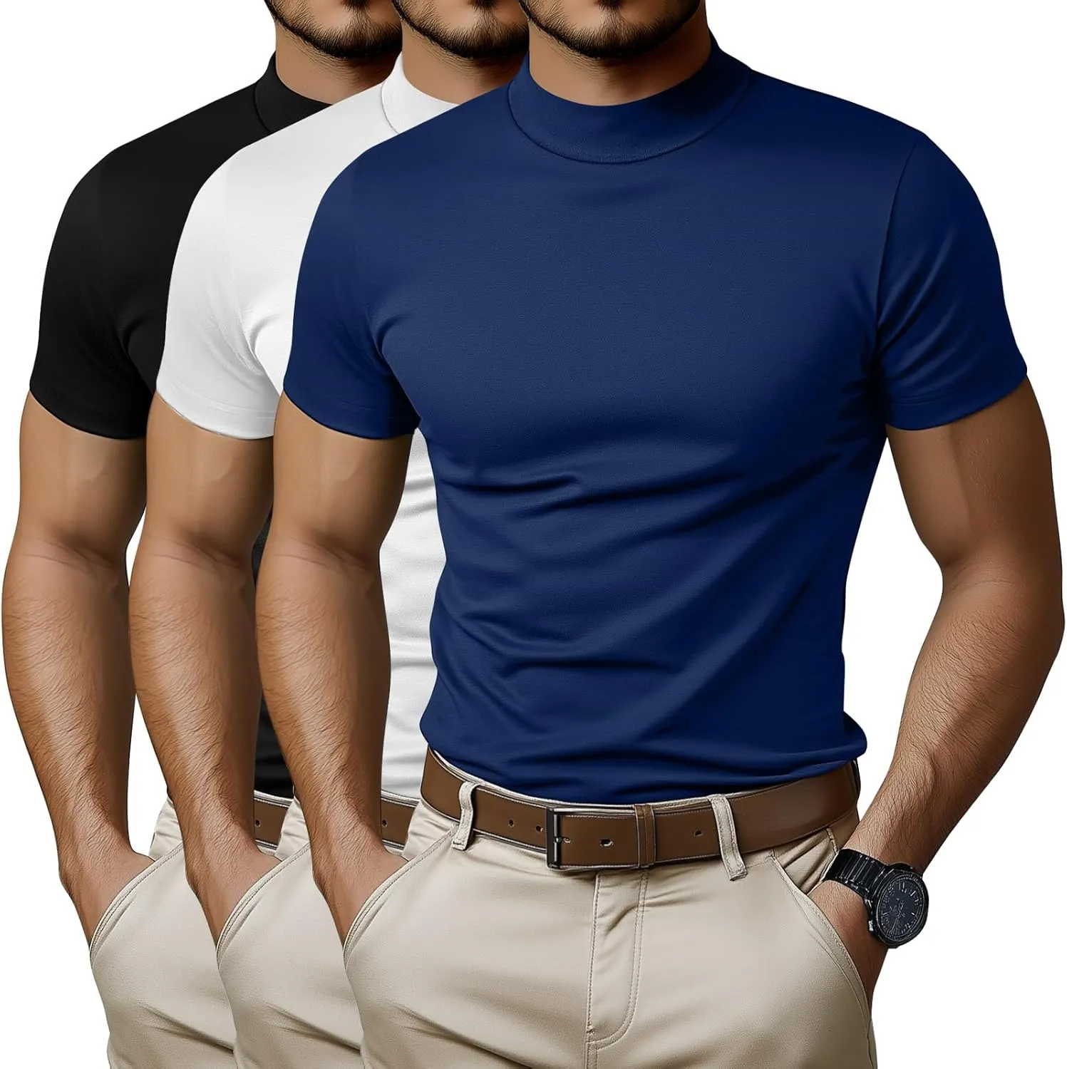 Ficerd 3 Pack Men's Mock Neck T Shirts, Cotton Short Sleeve Turtleneck Tee Shirts Slim Fit Basic Casual Solid Undershirt Tops