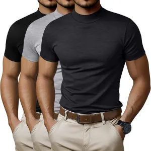 Ficerd 3 Pack Men's Mock Neck T Shirts, Cotton Short Sleeve Turtleneck Tee Shirts Slim Fit Basic Casual Solid Undershirt Tops
