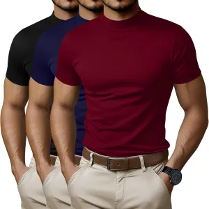 Ficerd 3 Pack Men's Mock Neck T Shirts, Cotton Short Sleeve Turtleneck Tee Shirts Slim Fit Basic Casual Solid Undershirt Tops