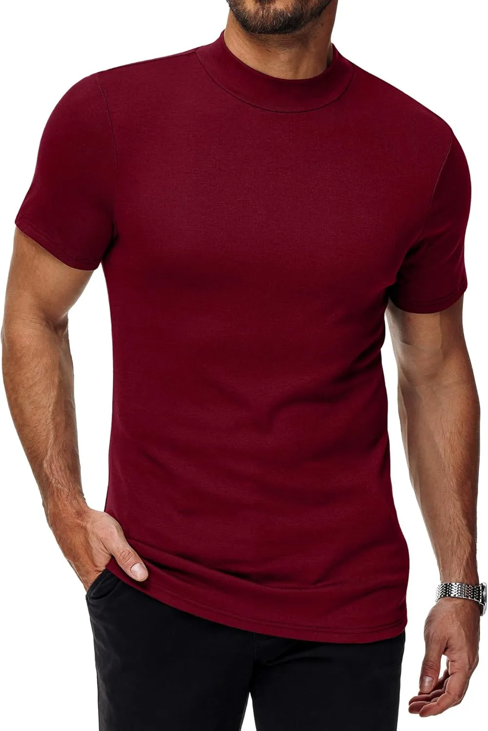 Ficerd 3 Pack Men's Mock Neck T Shirts, Cotton Short Sleeve Turtleneck Tee Shirts Slim Fit Basic Casual Solid Undershirt Tops