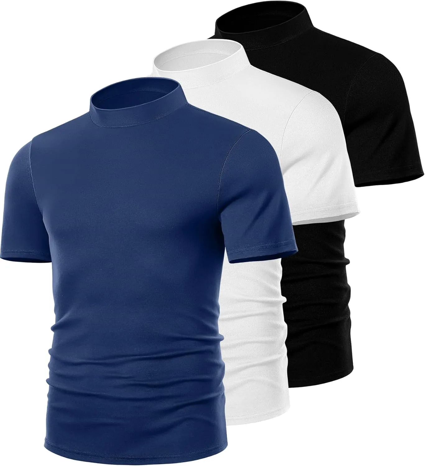 Ficerd 3 Pack Men's Mock Neck T Shirts, Cotton Short Sleeve Turtleneck Tee Shirts Slim Fit Basic Casual Solid Undershirt Tops