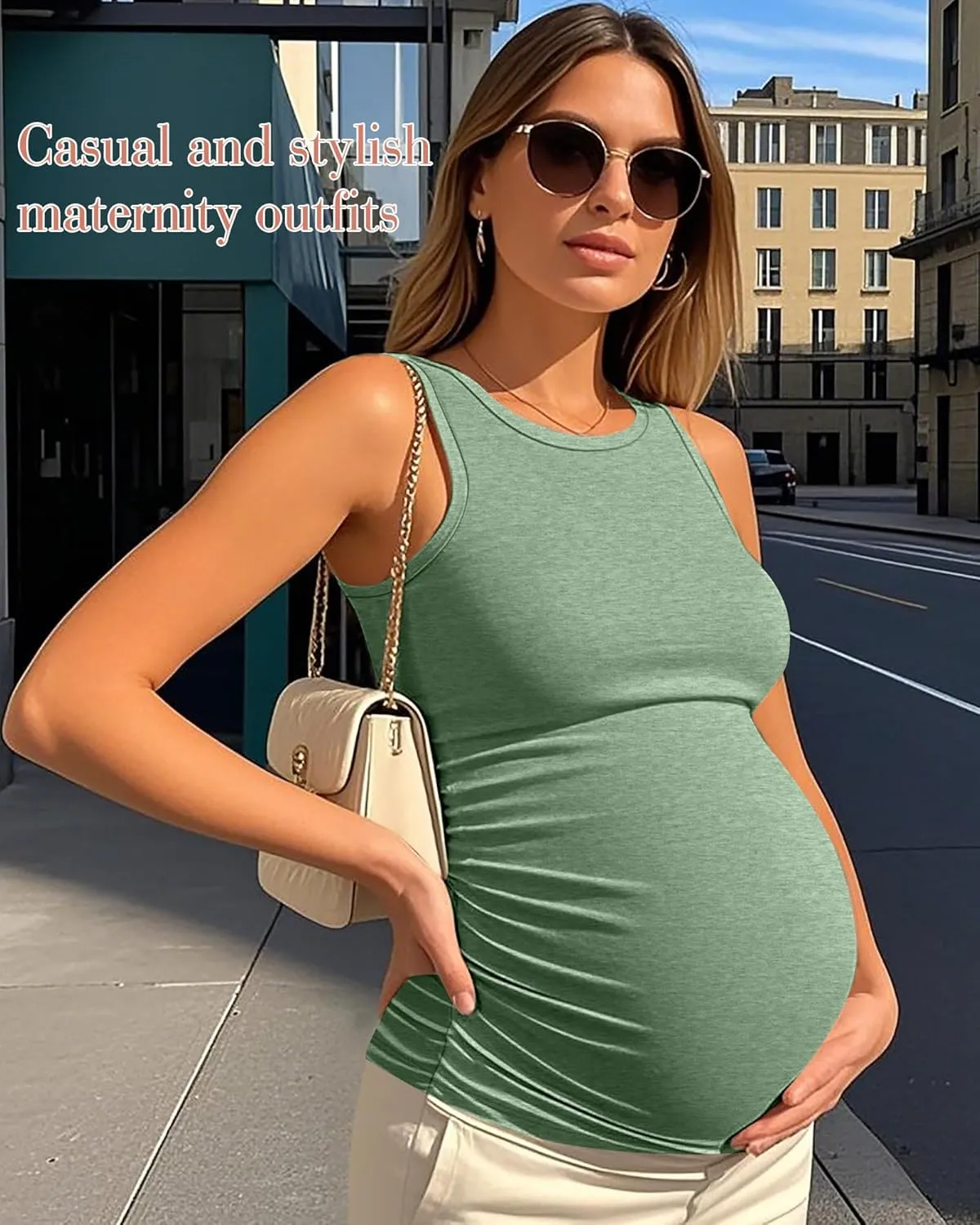Ficerd 4 Pack Women's Maternity Tank Tops, Side Ruched Sleeveless Pregnancy Shirts Summer Comfy Round Neck Maternity Vest Tee