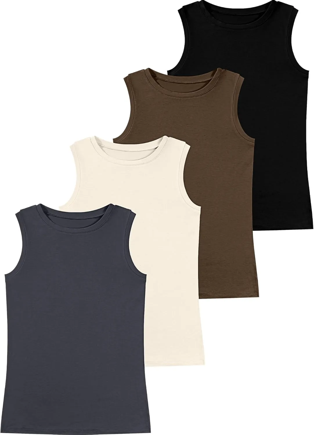 Ficerd 4 Pack Women's Sleeveless Tops, Casual Summer Loose Fit T Shirts Solid Color Tunic Tank Tops Ladies' Crew Neck Tee