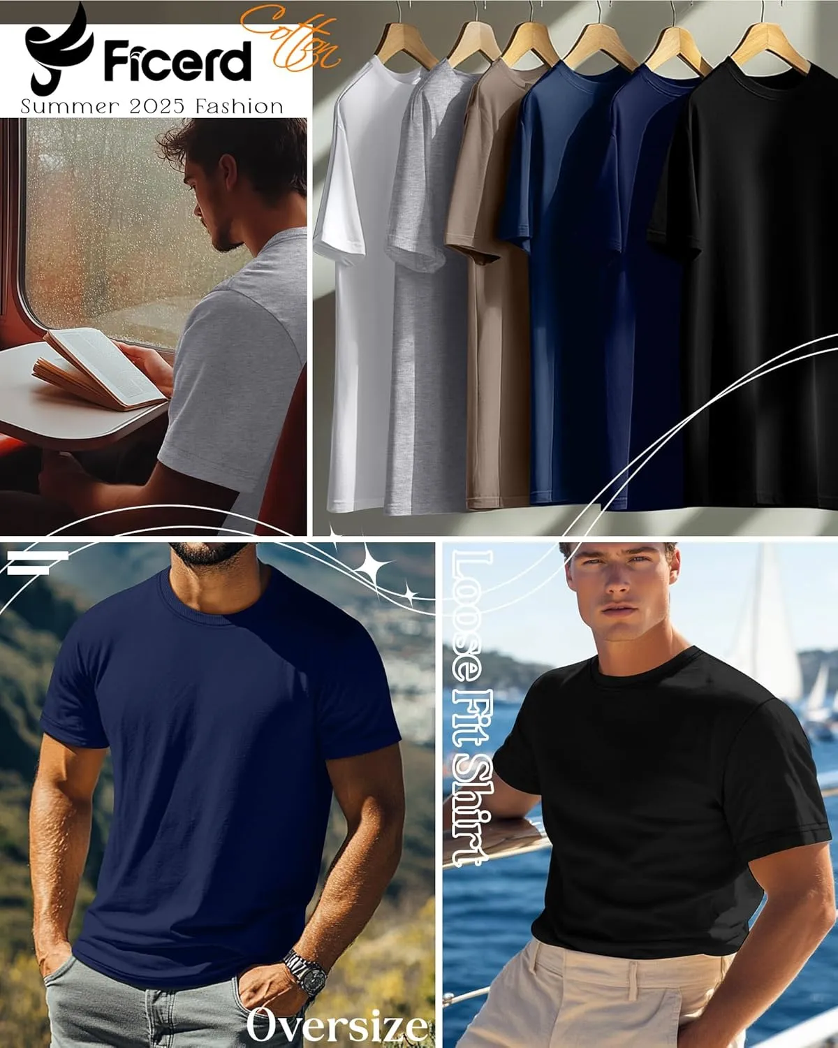 Ficerd 6 Pack Men's Big and Tall Shirts Short Sleeve Cotton Tee Summer Crew Neck Oversize Top Loose Fit Shirt Multipack