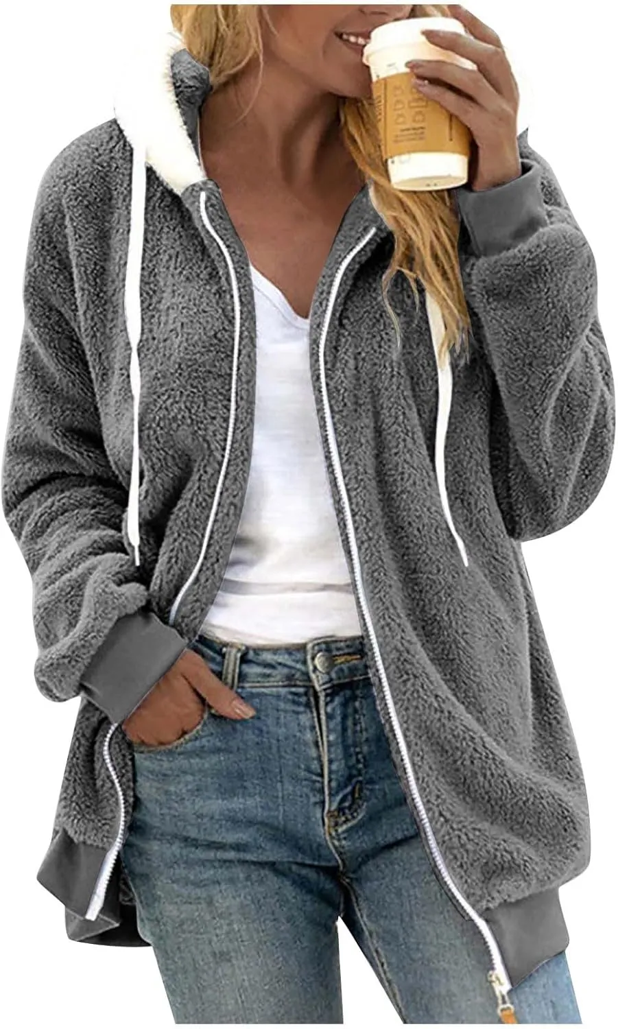Fleece Jackets for Women 2024 Winter Sherpa Lined Full Zip Hooded Jacket Plus Size Fuzzy Coats with Pockets S-5XL