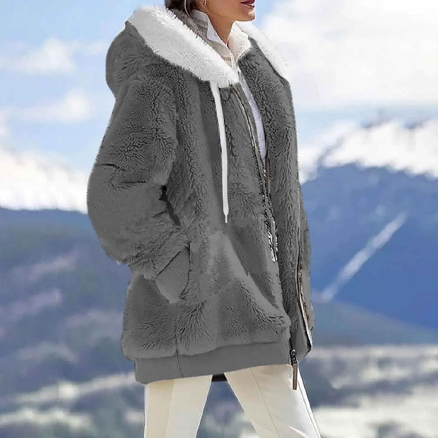 Fleece Jackets for Women 2024 Winter Sherpa Lined Full Zip Hooded Jacket Plus Size Fuzzy Coats with Pockets S-5XL