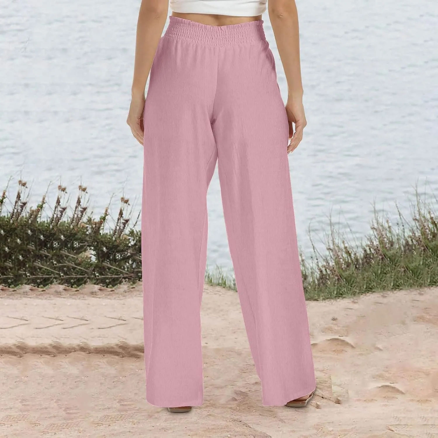 Flowy Pants for Women Summer Trendy Lightweight Cotton Linen Pants Casual Elastic Waist Wide Leg Trousers