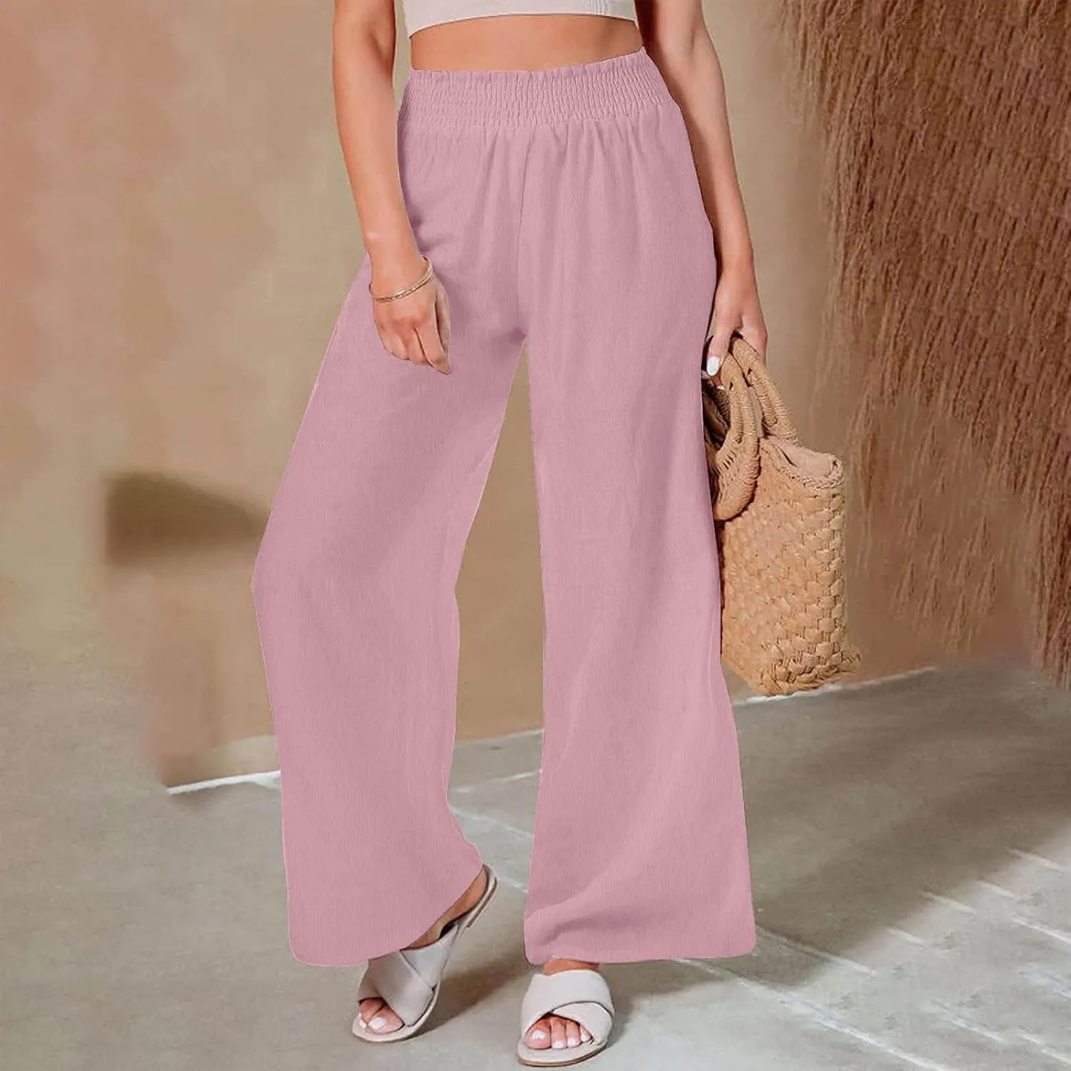 Flowy Pants for Women Summer Trendy Lightweight Cotton Linen Pants Casual Elastic Waist Wide Leg Trousers