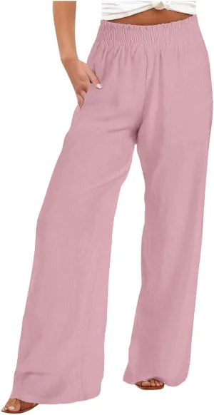 Flowy Pants for Women Summer Trendy Lightweight Cotton Linen Pants Casual Elastic Waist Wide Leg Trousers