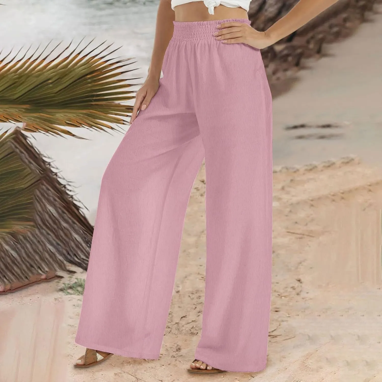Flowy Pants for Women Summer Trendy Lightweight Cotton Linen Pants Casual Elastic Waist Wide Leg Trousers
