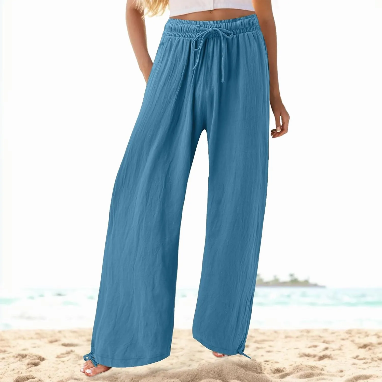 Flowy Pants for Women, Women Linen Palazzo Pants Summer Boho Wide Leg High Waist Casual Lounge Pant Trousers