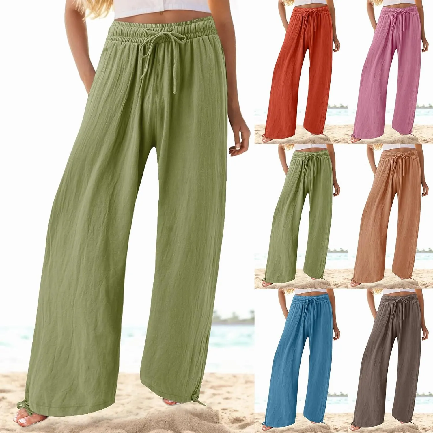 Flowy Pants for Women, Women Linen Palazzo Pants Summer Boho Wide Leg High Waist Casual Lounge Pant Trousers