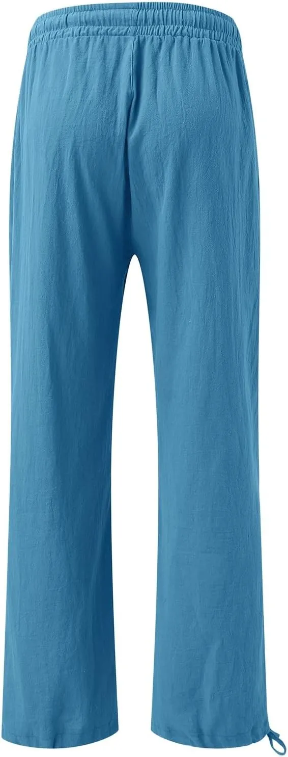 Flowy Pants for Women, Women Linen Palazzo Pants Summer Boho Wide Leg High Waist Casual Lounge Pant Trousers