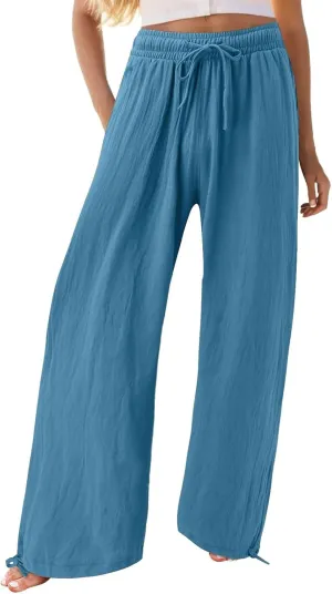 Flowy Pants for Women, Women Linen Palazzo Pants Summer Boho Wide Leg High Waist Casual Lounge Pant Trousers