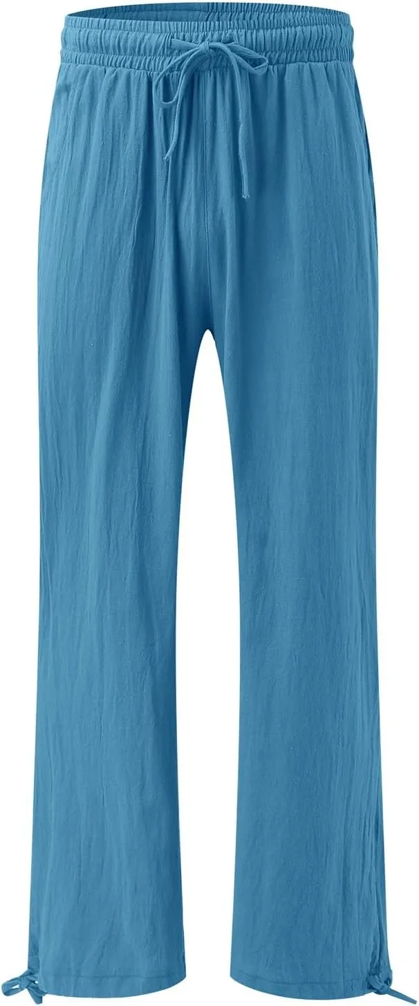 Flowy Pants for Women, Women Linen Palazzo Pants Summer Boho Wide Leg High Waist Casual Lounge Pant Trousers