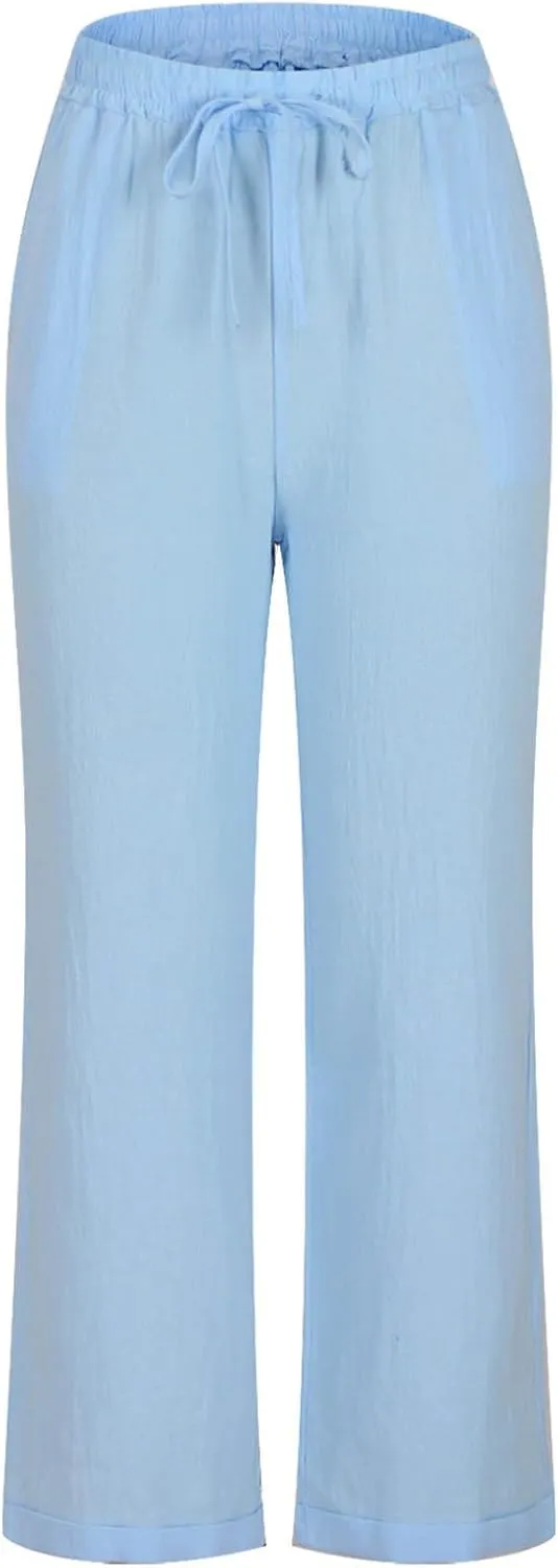 FZYLQY Womens Casual Cotton Linen Pants Summer Drawstring Elastic Waist Solid Plus Size Lounge Long Trousers with Pockets