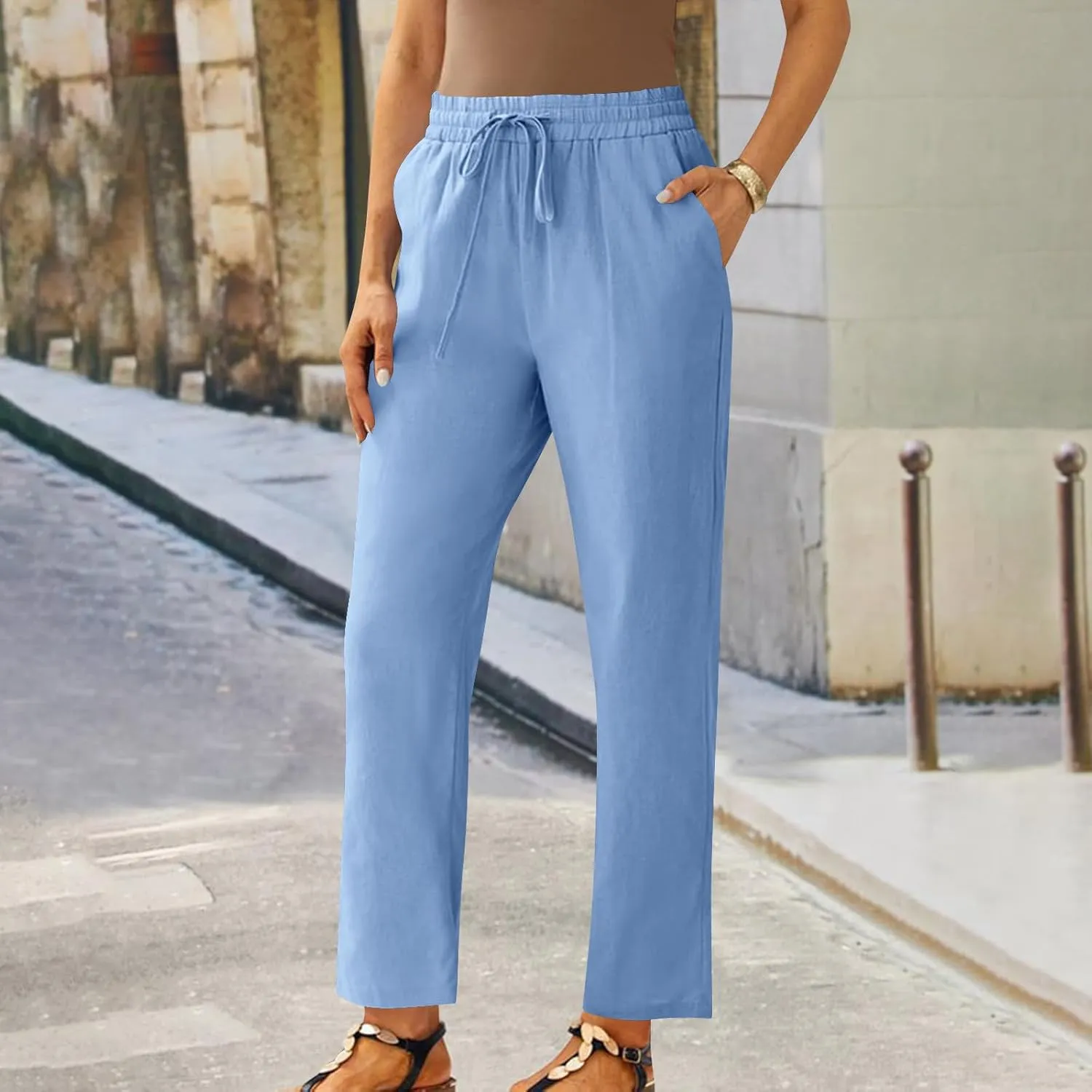 FZYLQY Womens Casual Cotton Linen Pants Summer Drawstring Elastic Waist Solid Plus Size Lounge Long Trousers with Pockets
