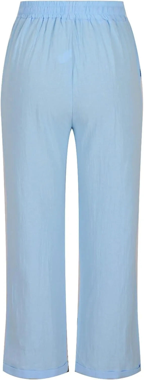 FZYLQY Womens Casual Cotton Linen Pants Summer Drawstring Elastic Waist Solid Plus Size Lounge Long Trousers with Pockets