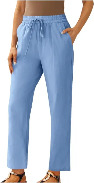 FZYLQY Womens Casual Cotton Linen Pants Summer Drawstring Elastic Waist Solid Plus Size Lounge Long Trousers with Pockets