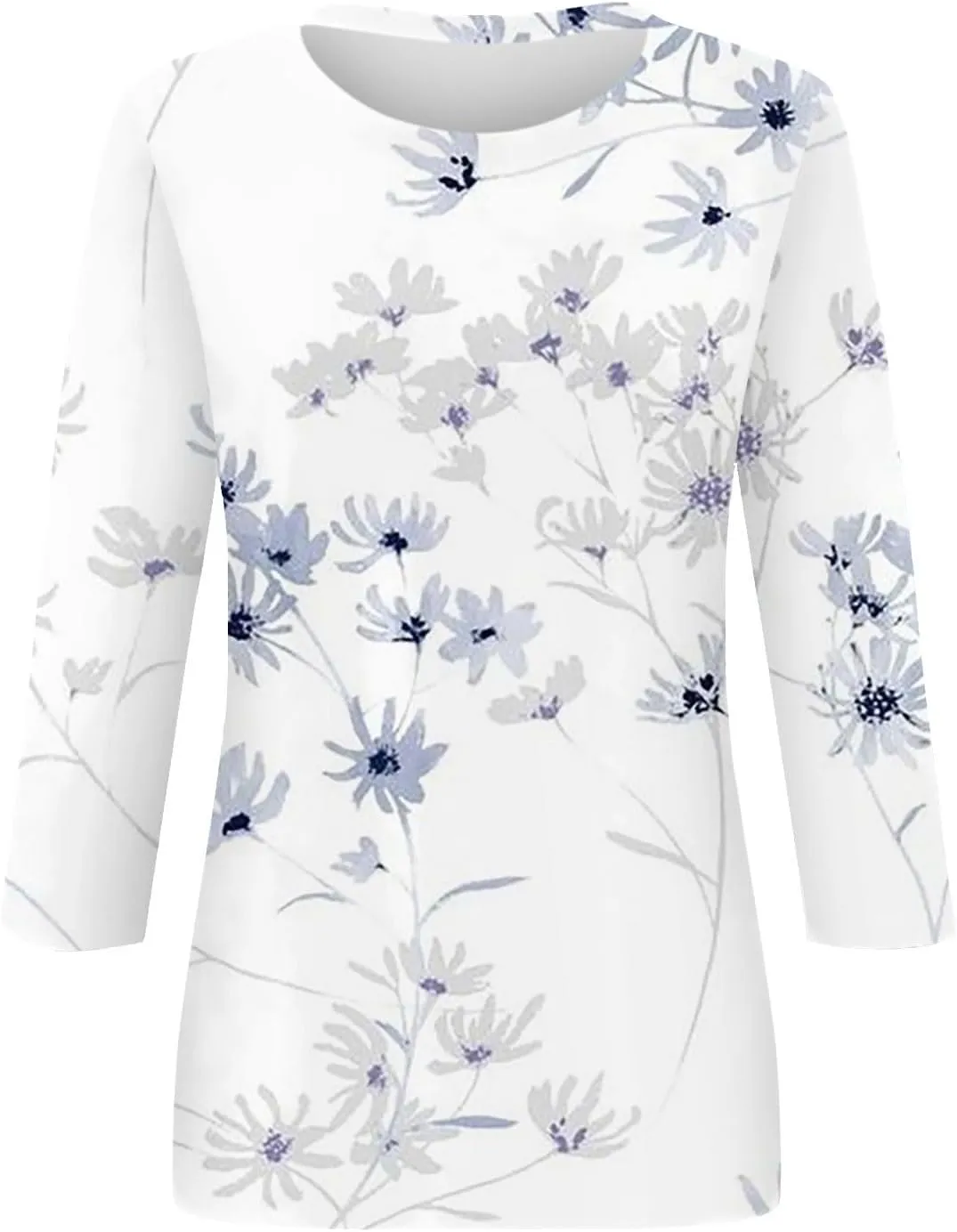 Generic Womens Tops Dressy Casual 3/4 Sleeve Shirts Summer Floral Three Quarter Length Blouse Loose Fit Crewneck Pullover Tee