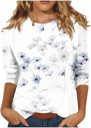 Generic Womens Tops Dressy Casual 3/4 Sleeve Shirts Summer Floral Three Quarter Length Blouse Loose Fit Crewneck Pullover Tee