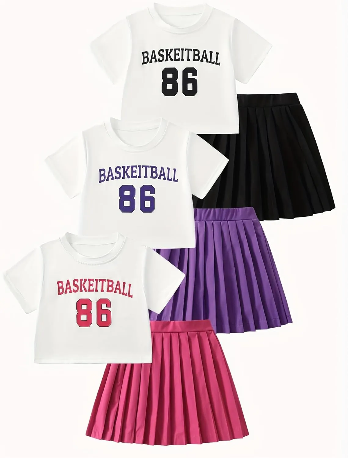 Girls 6 Piece Skirt Sets Crop Top Tee Tennis Pleated Skirts Clothing Set 4-12 Years