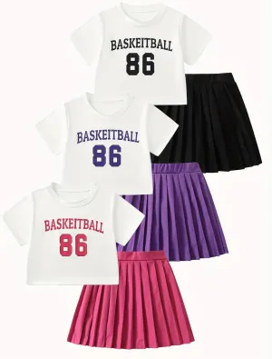 Girls 6 Piece Skirt Sets Crop Top Tee Tennis Pleated Skirts Clothing Set 4-12 Years