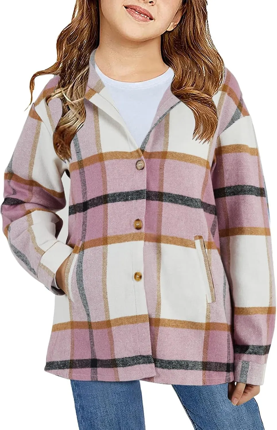 Girls Cute Flannel Plaid Button Down Top with Pockets Long Sleeve Hooded Jacket