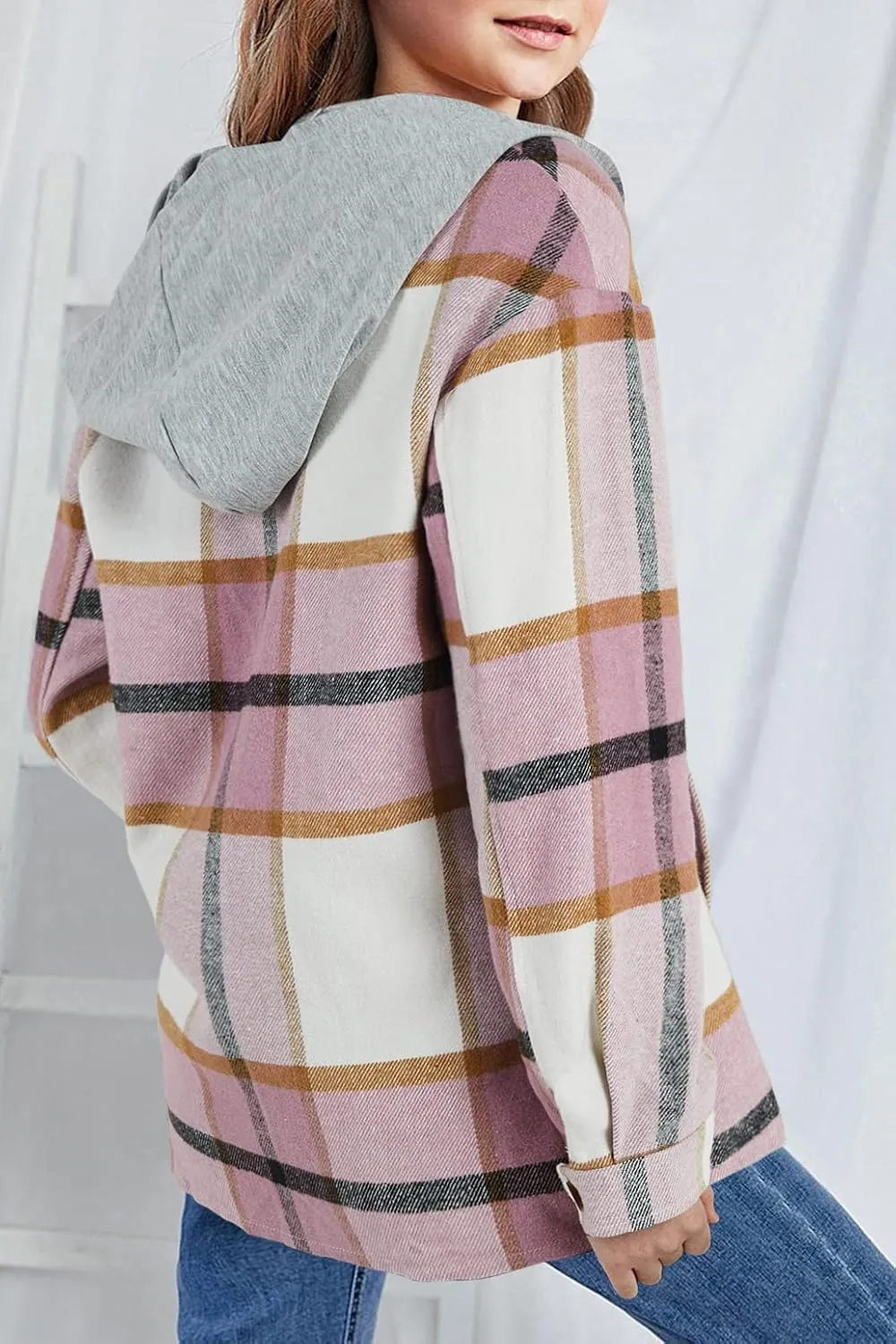 Girls Cute Flannel Plaid Button Down Top with Pockets Long Sleeve Hooded Jacket