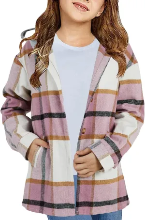Girls Cute Flannel Plaid Button Down Top with Pockets Long Sleeve Hooded Jacket