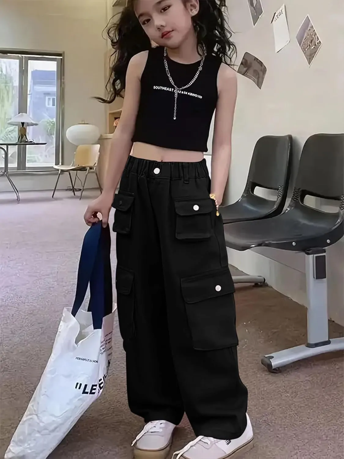 Girl's Elastic High Waist Cargo Pants Wide Leg Trousers with Flap Pocket, 3-14 Years