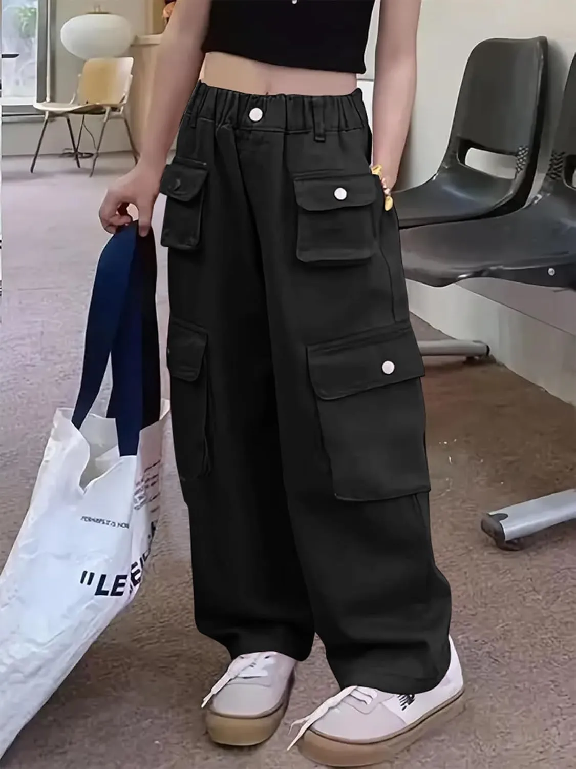 Girl's Elastic High Waist Cargo Pants Wide Leg Trousers with Flap Pocket, 3-14 Years