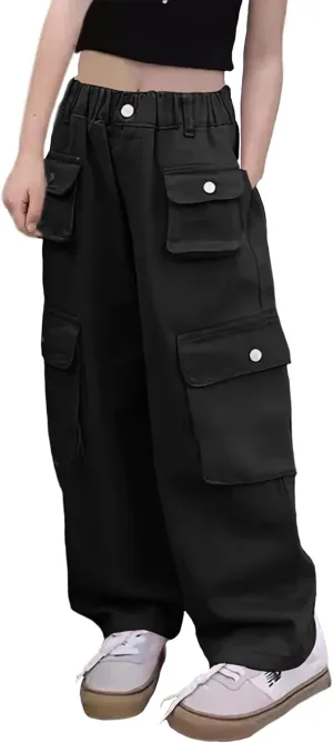 Girl's Elastic High Waist Cargo Pants Wide Leg Trousers with Flap Pocket, 3-14 Years