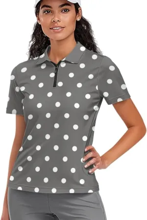 GLUDEAR Womens Polka Dots Golf Shirts Short Sleeve Sun Protection Golf Shirts Quick Dry Zipper Collared Polos