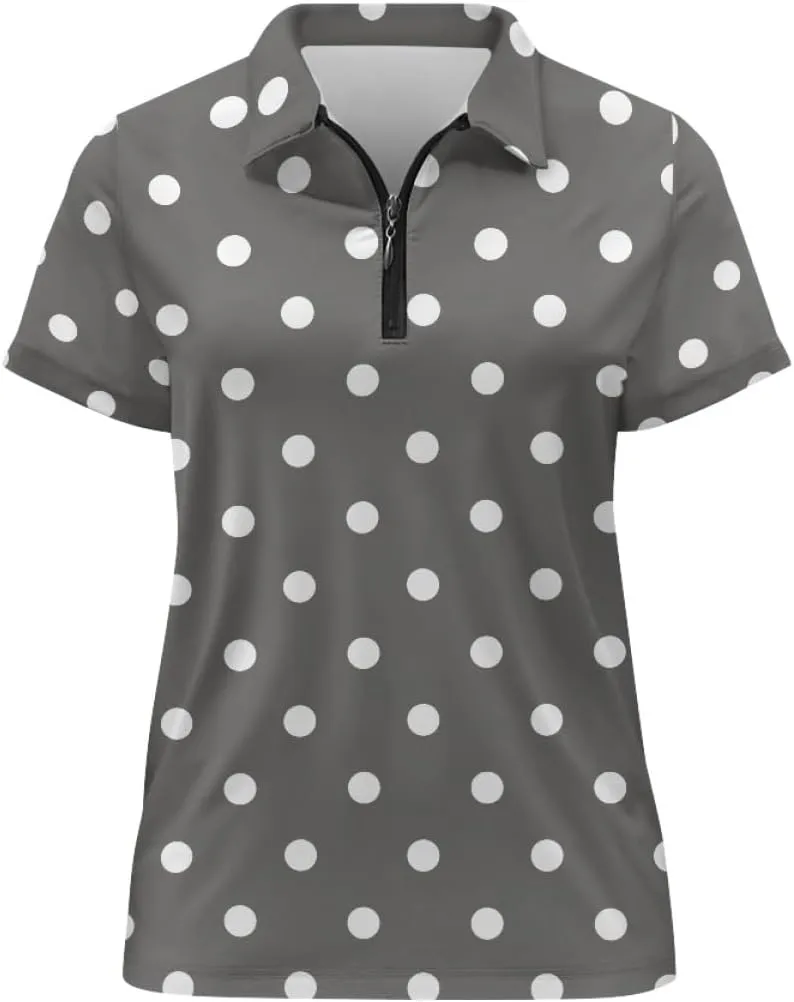 GLUDEAR Womens Polka Dots Golf Shirts Short Sleeve Sun Protection Golf Shirts Quick Dry Zipper Collared Polos