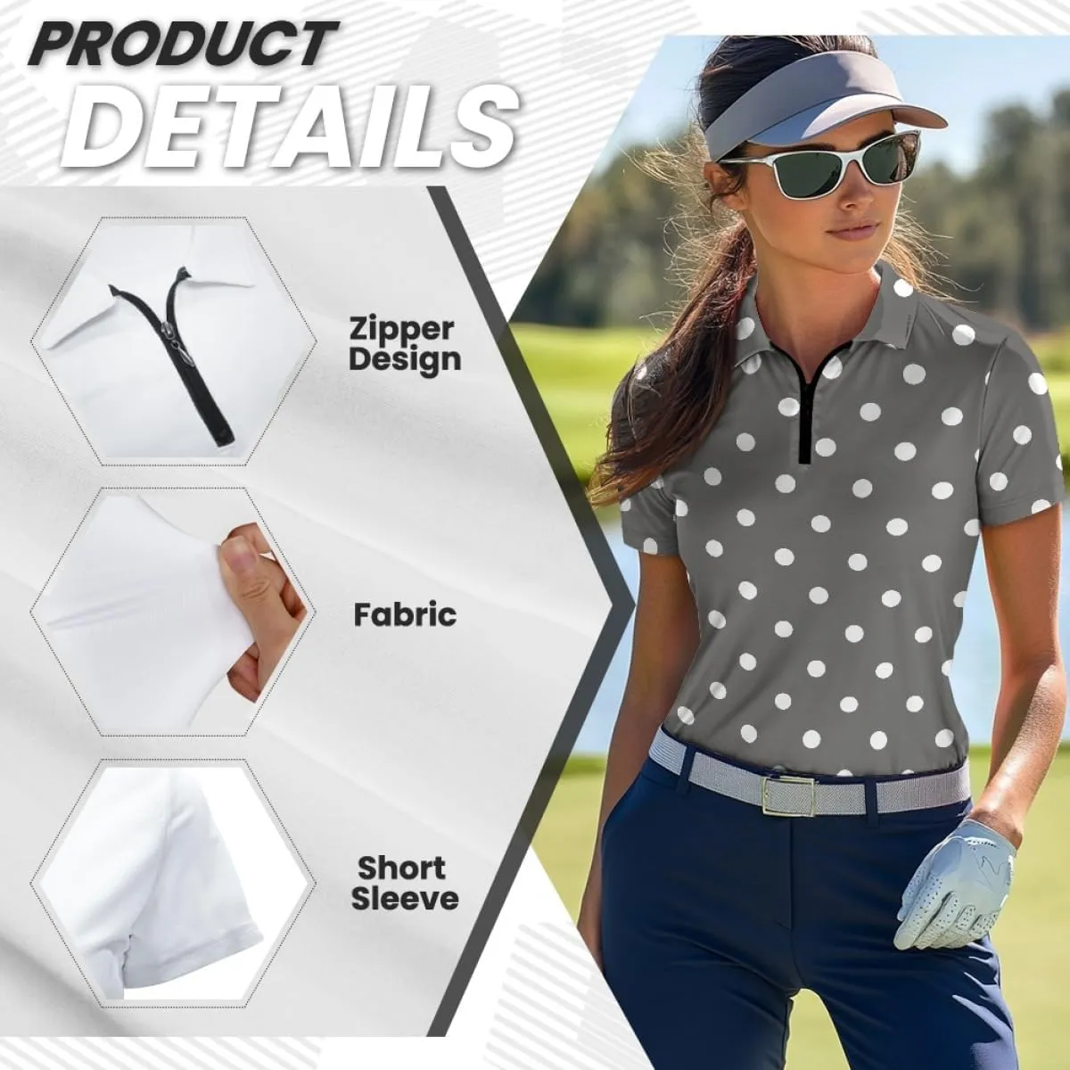GLUDEAR Womens Polka Dots Golf Shirts Short Sleeve Sun Protection Golf Shirts Quick Dry Zipper Collared Polos