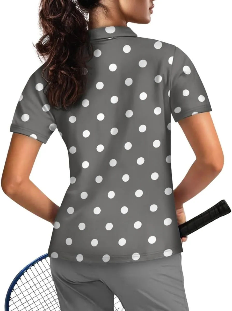 GLUDEAR Womens Polka Dots Golf Shirts Short Sleeve Sun Protection Golf Shirts Quick Dry Zipper Collared Polos
