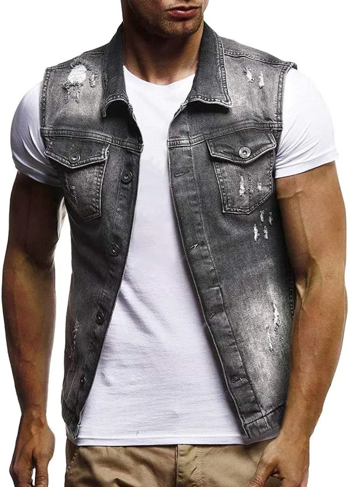 GOKKILRW Mens Casual Button Up Loose Denim Vests Sleeveless Slim Fit Vintage Casual Ripped Jean Waistcoat Motorcycle Jacket