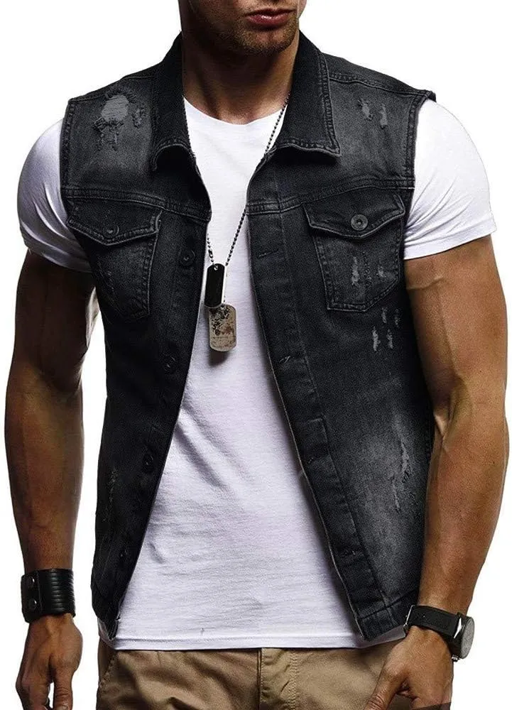 GOKKILRW Mens Casual Button Up Loose Denim Vests Sleeveless Slim Fit Vintage Casual Ripped Jean Waistcoat Motorcycle Jacket