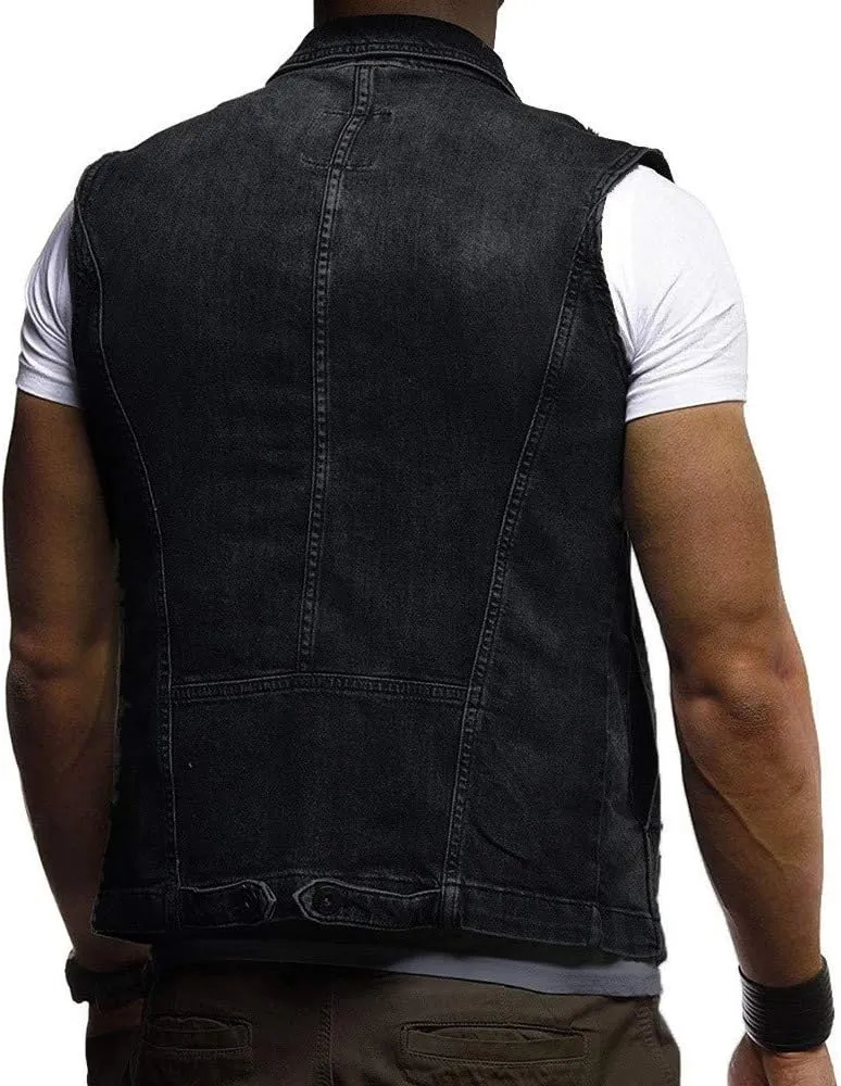 GOKKILRW Mens Casual Button Up Loose Denim Vests Sleeveless Slim Fit Vintage Casual Ripped Jean Waistcoat Motorcycle Jacket