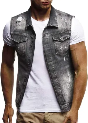 GOKKILRW Mens Casual Button Up Loose Denim Vests Sleeveless Slim Fit Vintage Casual Ripped Jean Waistcoat Motorcycle Jacket