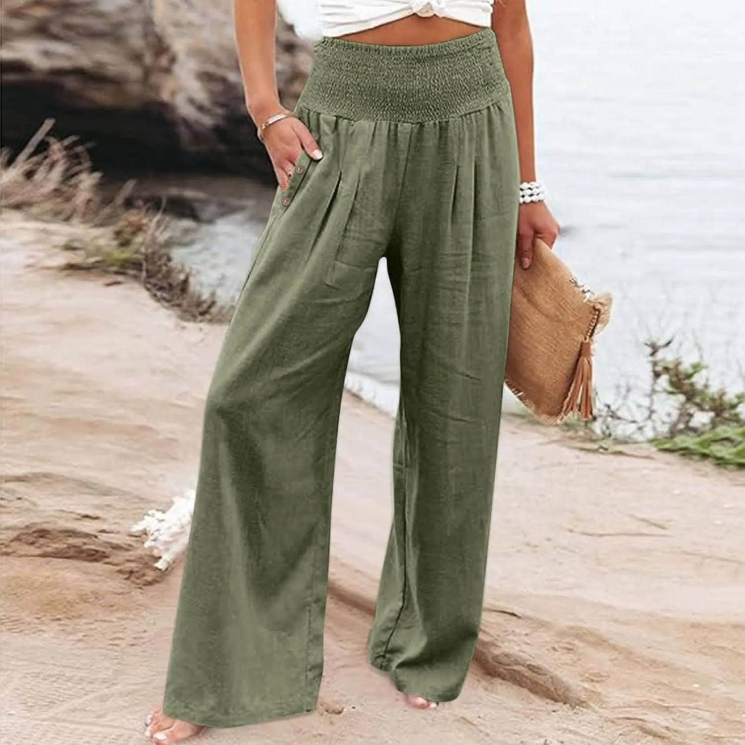 GOKKILRW Women Linen Palazzo Pants Summer Boho Wide Leg Slacks High Waist Flowy Casual Beachwear 2025 Travel Vacation Trouser
