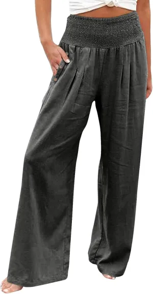 GOKKILRW Women Linen Palazzo Pants Summer Boho Wide Leg Slacks High Waist Flowy Casual Beachwear 2025 Travel Vacation Trouser