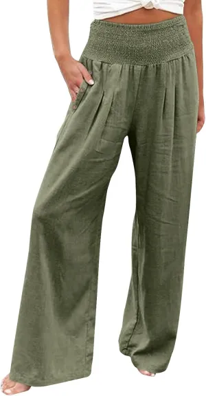 GOKKILRW Women Linen Palazzo Pants Summer Boho Wide Leg Slacks High Waist Flowy Casual Beachwear 2025 Travel Vacation Trouser