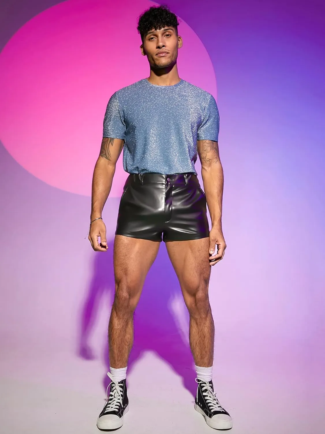 GORGLITTER Men's PU Leather Shorts Elastic Waist Rave Hot Short Pants with Pockets